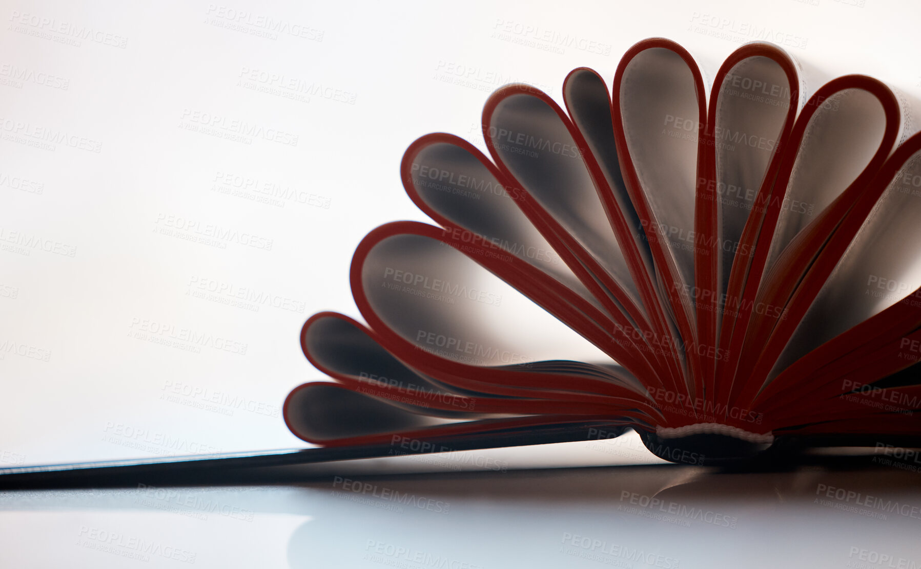 Buy stock photo Book, pages and folded open with copyspace, reading and notebook for learning or literature on white background. Knowledge, paper and notes for education with colour edges, publication and research