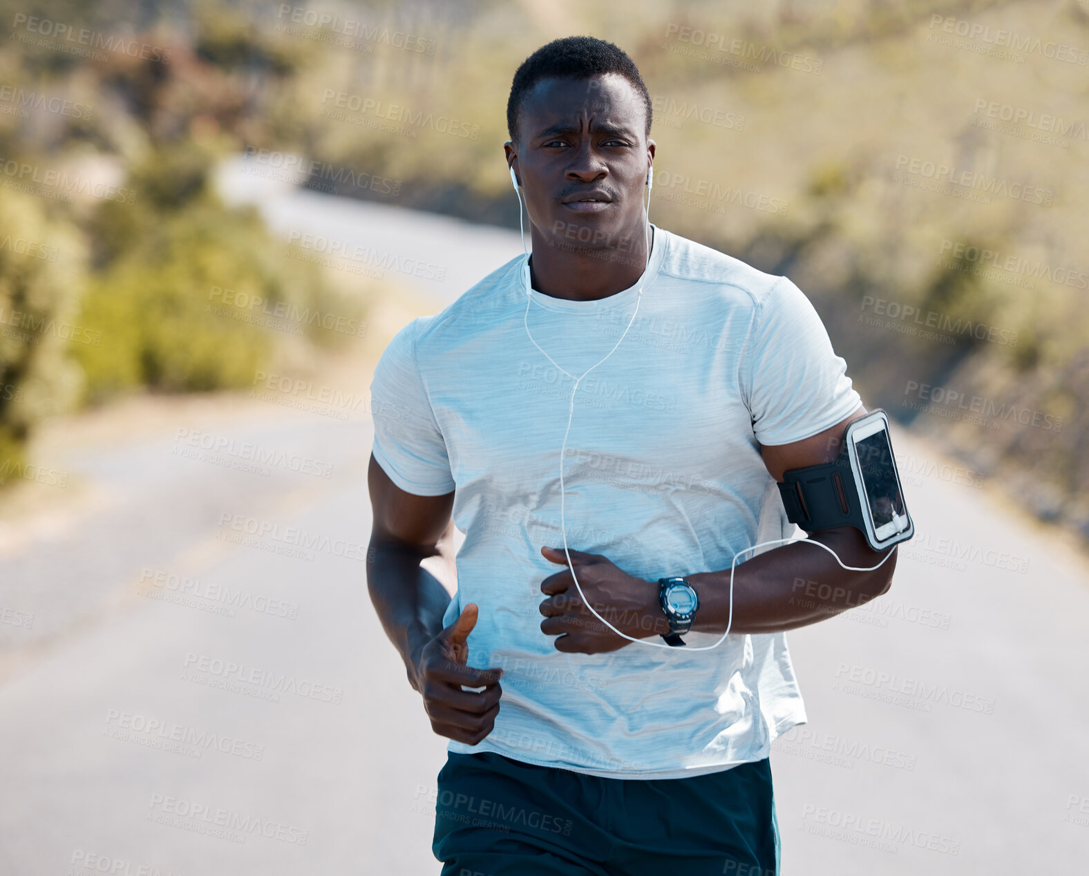 Buy stock photo Portrait, black man and running for fitness with earphones, outdoor exercise, music playlist and training on street. Runner, African guy and athlete with streaming podcast, health and cardio workout