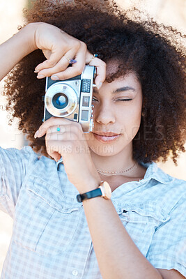 Buy stock photo Woman, photographer and outdoor with retro camera for photoshoot, media and creativity for magazine. Journalist, person or paparazzi with vintage tech for story, shooting or investigation for gossip