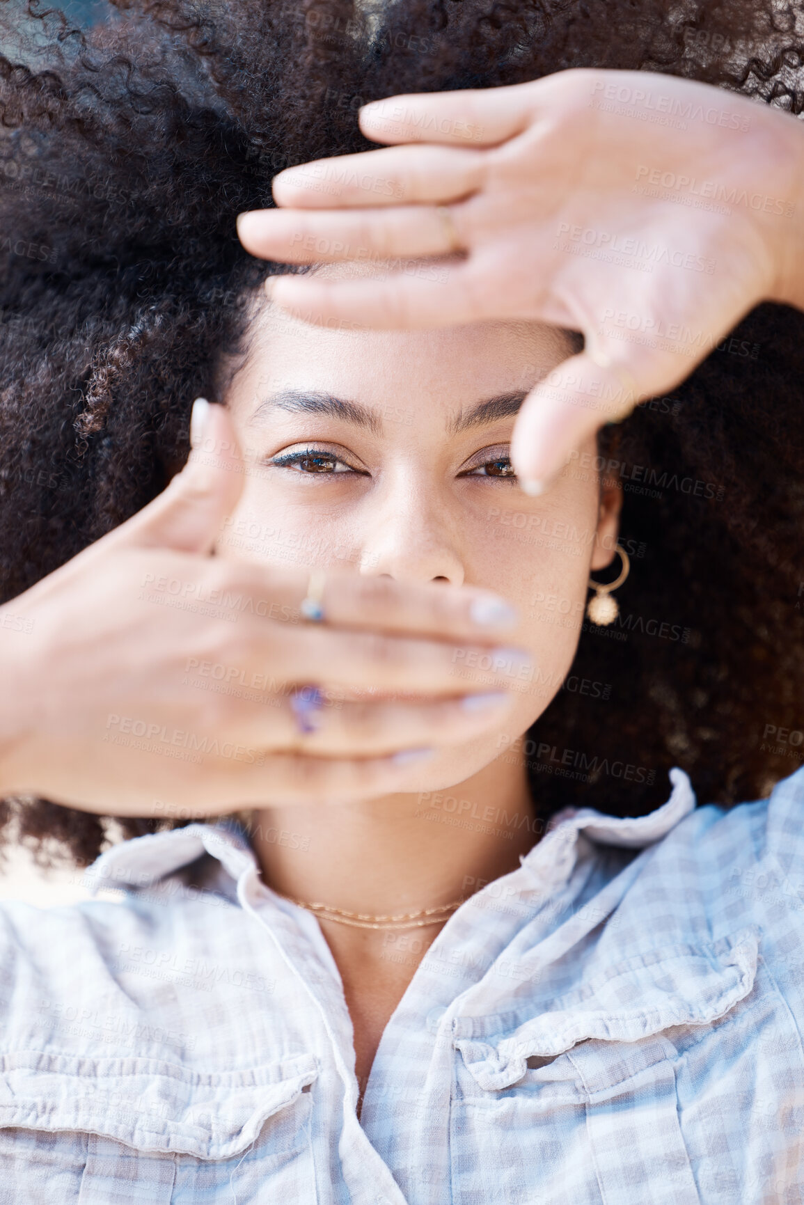 Buy stock photo African woman, portrait and hand frame in closeup, lifestyle with cool fashion or wellness. Female person, clothes and fingers for trend in sunshine, creative style in New York City with afro