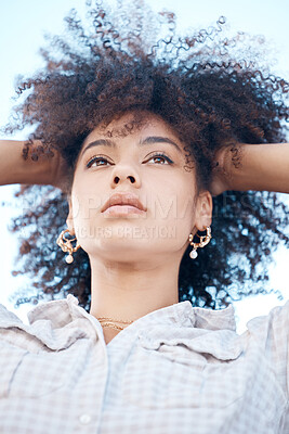 Buy stock photo Afro, thinking and African woman in city for design project and confidence for future. Summer, female person and idea or inspiration for opportunity, career and creative mindset in New York  