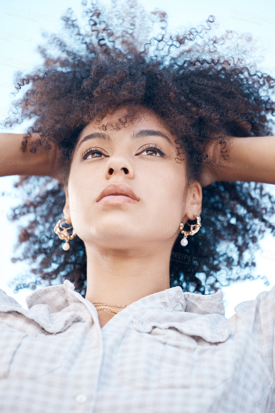 Buy stock photo Afro, thinking and African woman in city for design project and confidence for future. Summer, female person and idea or inspiration for opportunity, career and creative mindset in New York  