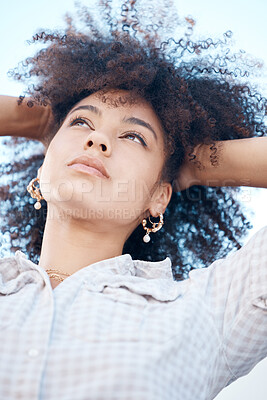 Buy stock photo African woman, thinking and afro in street for future, mindset and confidence for startup. Summer, female person and idea or inspiration for beauty career, project and designer in New York  