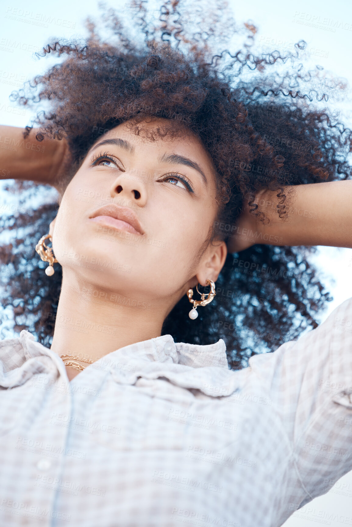 Buy stock photo African woman, thinking and afro in street for future, mindset and confidence for startup. Summer, female person and idea or inspiration for beauty career, project and designer in New York  