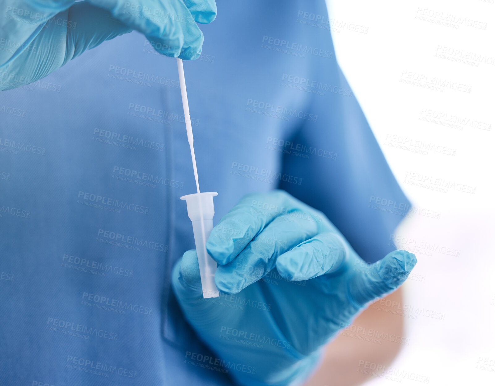 Buy stock photo Hands, cotton swab and medical test for FLiRT covid, dna analysis for disease in hospital. Healthcare worker, pathology exam and vaccine research in clinic,  latex gloves for safety with virus