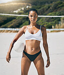 Volleyball, woman portrait and beach summer sports, fitness and training in Rio de Janeiro. Sexy, young and focus girl athlete, bikini body and sea fun ready to play ball, action and tropical game