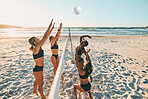 Volleyball, team sports and women on the beach during group holiday together in Miami in summer. Happy, excited and young friends playing sport game in bikini by the sea on vacation with energy