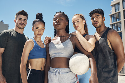 Buy stock photo Volleyball, sports and portrait of a team of friends standing on an outdoor court with a ball for game. Diversity, fitness and people ready for sport match together for exercise, workout or training.