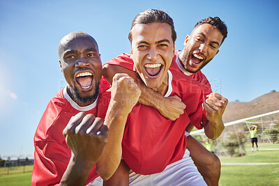 Buy stock photo Soccer, team and winner for celebrate game, happy and smile being proud, confident and on field in sportswear. Teamwork, football and victory players doing sports, winning or workout together outdoor