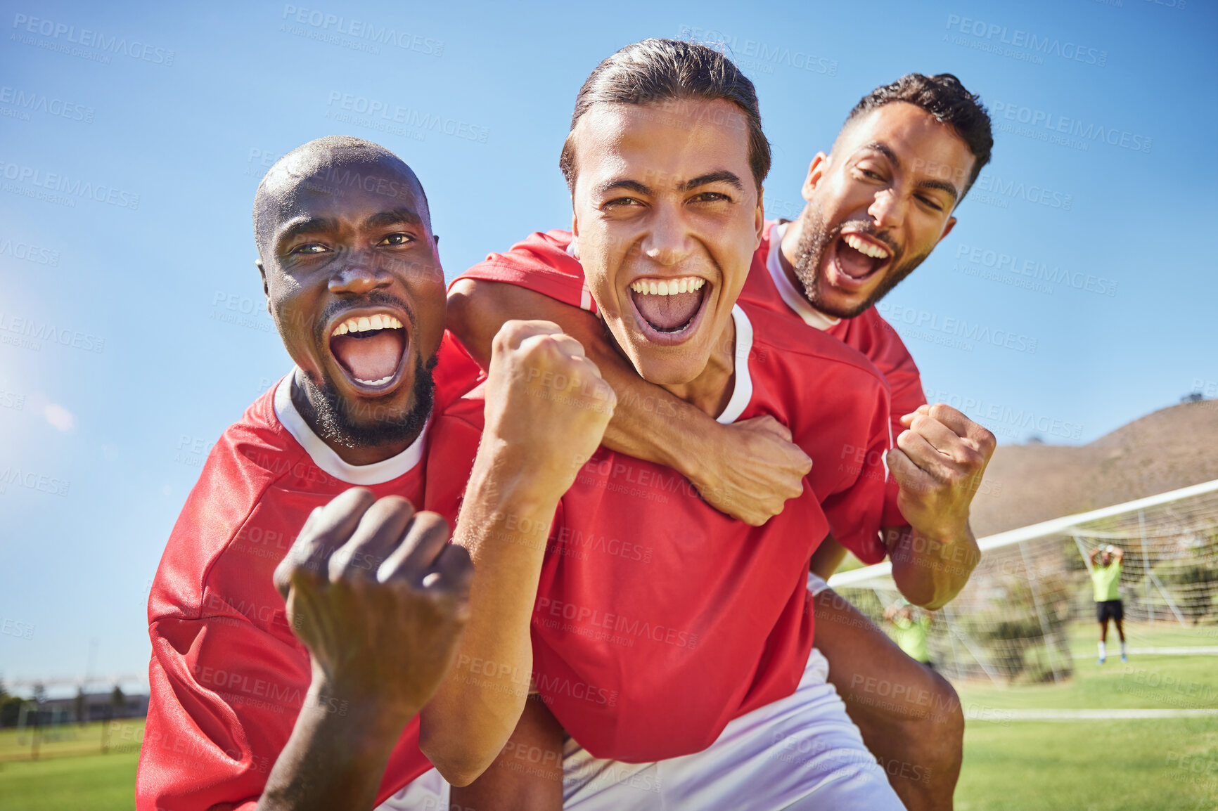 Buy stock photo Soccer, team and winner for celebrate game, happy and smile being proud, confident and on field in sportswear. Teamwork, football and victory players doing sports, winning or workout together outdoor
