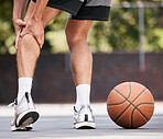 Man legs, injury and basketball athlete in pain on court for fitness exercise. Sports medical accident, torn muscle or leg osteoporosis emergency after workout training in sport park outdoors