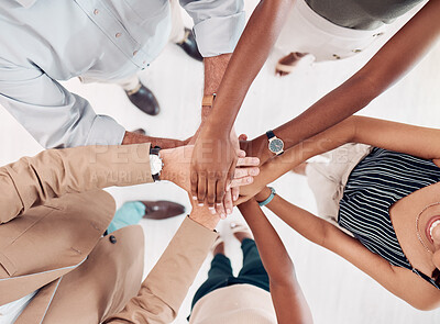 Buy stock photo Teamwork, support and stack of hands of business people for community, trust and collaboration in office. Diversity, motivation and hands together of group of workers for agreement, goals and growth