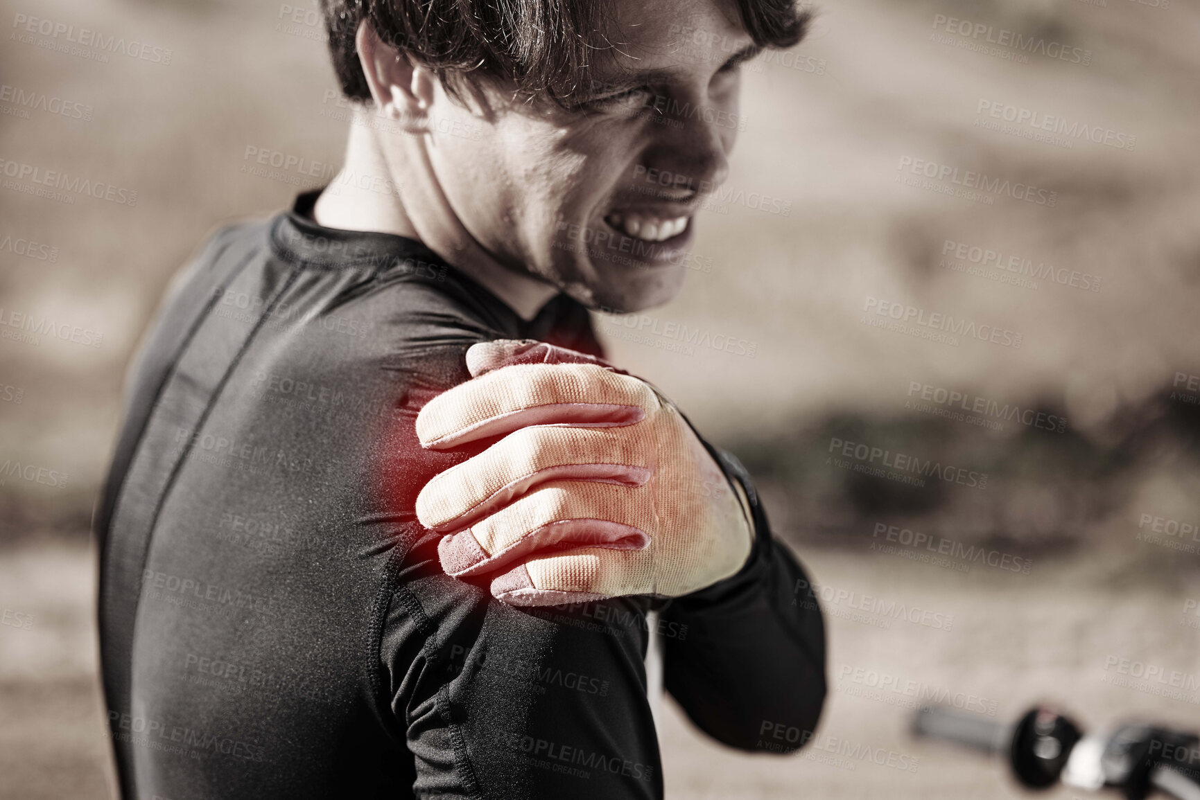 Buy stock photo Biker, man and shoulder pain after training, injury and inflammation with torn muscle, strain and outdoor. Male rider, athlete and sportsman with stiffness, accident and inflamed joint after practice