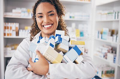 Buy stock photo Woman in portrait, pills and pharmacist in pharmacy with drugs, healthcare and medicine in drug store. Vitamins, supplements and female smile with prescription medication in pharmaceutical industry