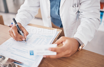 Buy stock photo Hands, pharmacist or person writing medicine pills or supplements products to write drugs inventory. Paperwork, healthcare clinic or doctor with box of medical product or pharmacy stock checklist