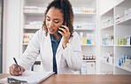 Phone call,  pharmacist woman and writing on medicine checklist, customer service or virtual pharmacy support. Serious doctor with medical notes, health insurance documents and talking at help desk