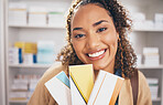 Pharmacy, medicine or portrait of happy woman with boxes of pills or healthcare products in drugstore. Pharmaceutical sale or customer smiling with supplements package shopping in medical chemist