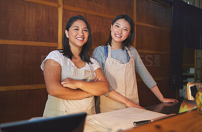 Buy stock photo Restaurant business owner, team or portrait of Asian women with smile, confidence or pride together. Collaboration, partnership or happy woman manager with leadership, waiter or server in sushi shop