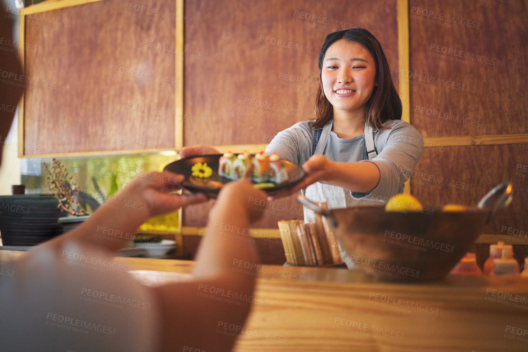 Buy stock photo Waiter, giving sushi plate and restaurant with hands, helping and catering job with customer. Seafood chef, fast food server and cooking in cafe, diner and person for order of fish, rice or seaweed