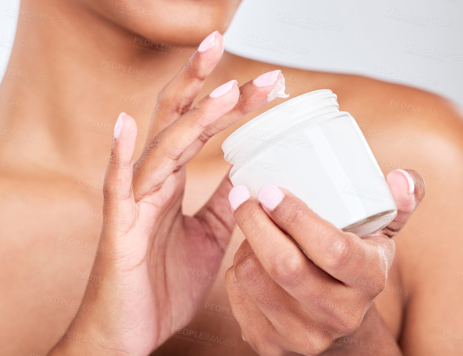 Buy stock photo Skincare, closeup and woman with jar of face cream for cosmetic, natural and health routine. Wellness, beauty and zoom of model hands with dermatology spf, sunscreen or lotion by a studio background.