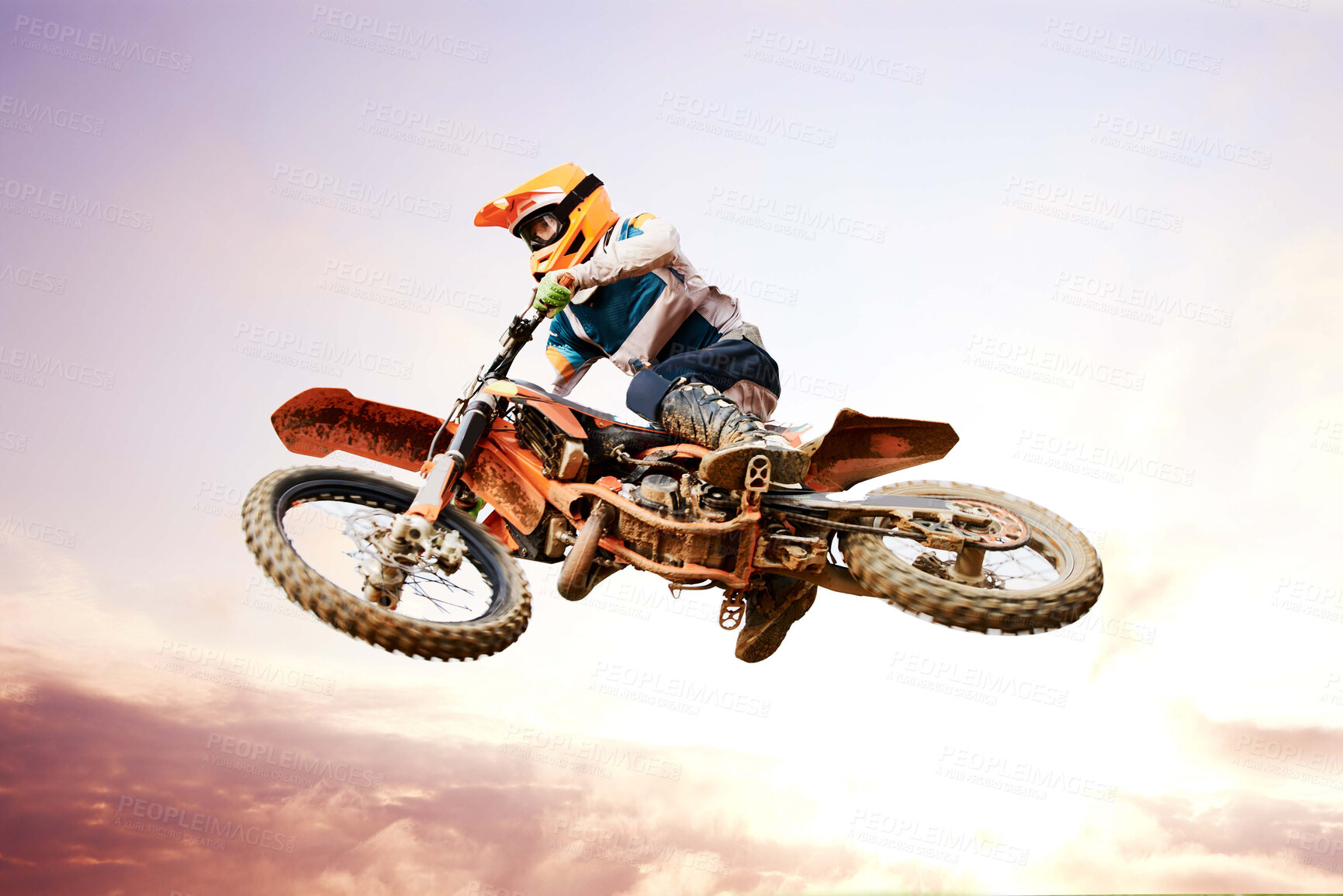 Buy stock photo Sky background, motorcycle and jump for training or sports with fitness, balance or challenge in nature on mock up space. Bike, freedom and adventure for competition and exercise with safety gear
