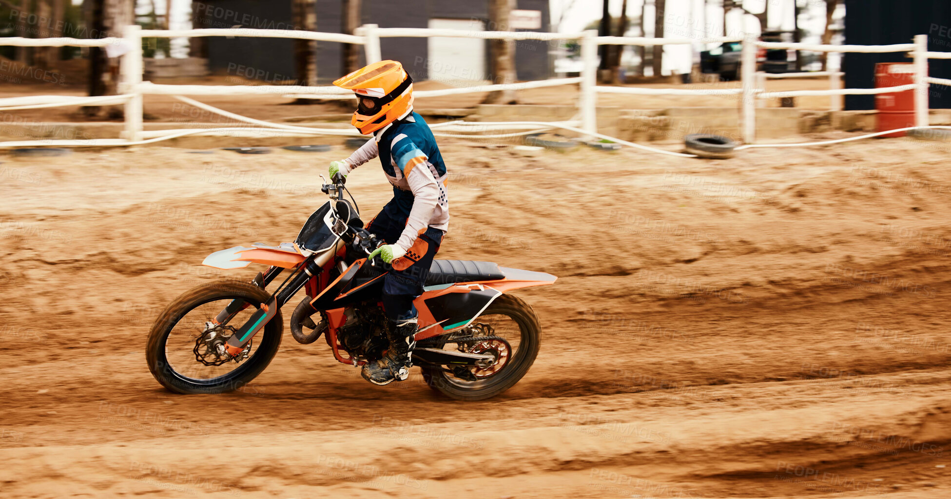 Buy stock photo Motorcycle, fitness and motion blur with a sports man on space at an off road course for dirt biking. Bike, balance and power with a person driving fast during a race for freedom or performance