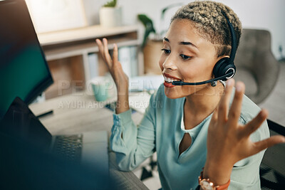 Buy stock photo Woman, trading and callcenter, computer and finance advice, financial investment and communication. Headset, mic and phone call conversation, help desk consultant for stock market and dashboard