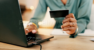 Buy stock photo Laptop, credit card and woman hands for business online shopping, transaction or fintech payment in night office. Professional black person typing her banking information on computer or financial app