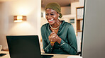 Winning, yes and happy woman on laptop in night news, international success or Nigeria business celebration. African person or winner fist pump for stock market, trading or career bonus on computer