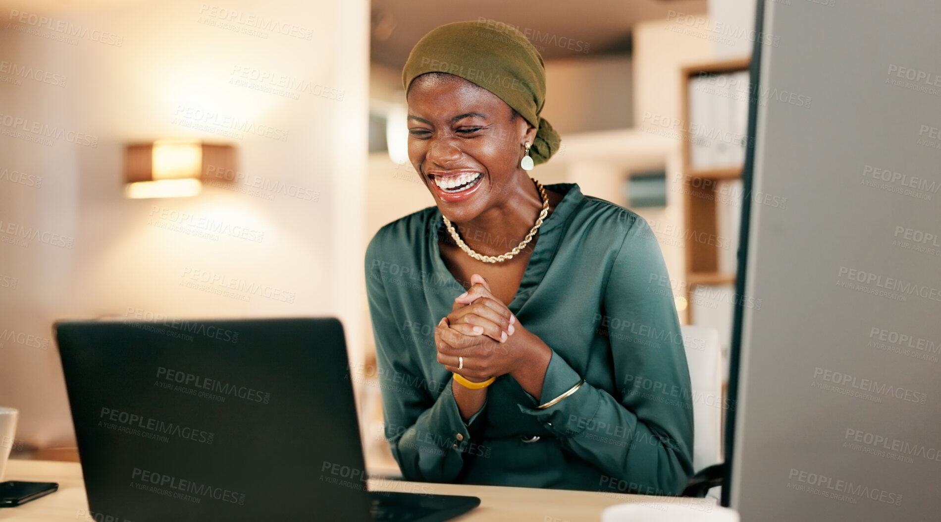 Buy stock photo Winning, yes and happy woman on laptop in night news, international success or Nigeria business celebration. African person or winner fist pump for stock market, trading or career bonus on computer