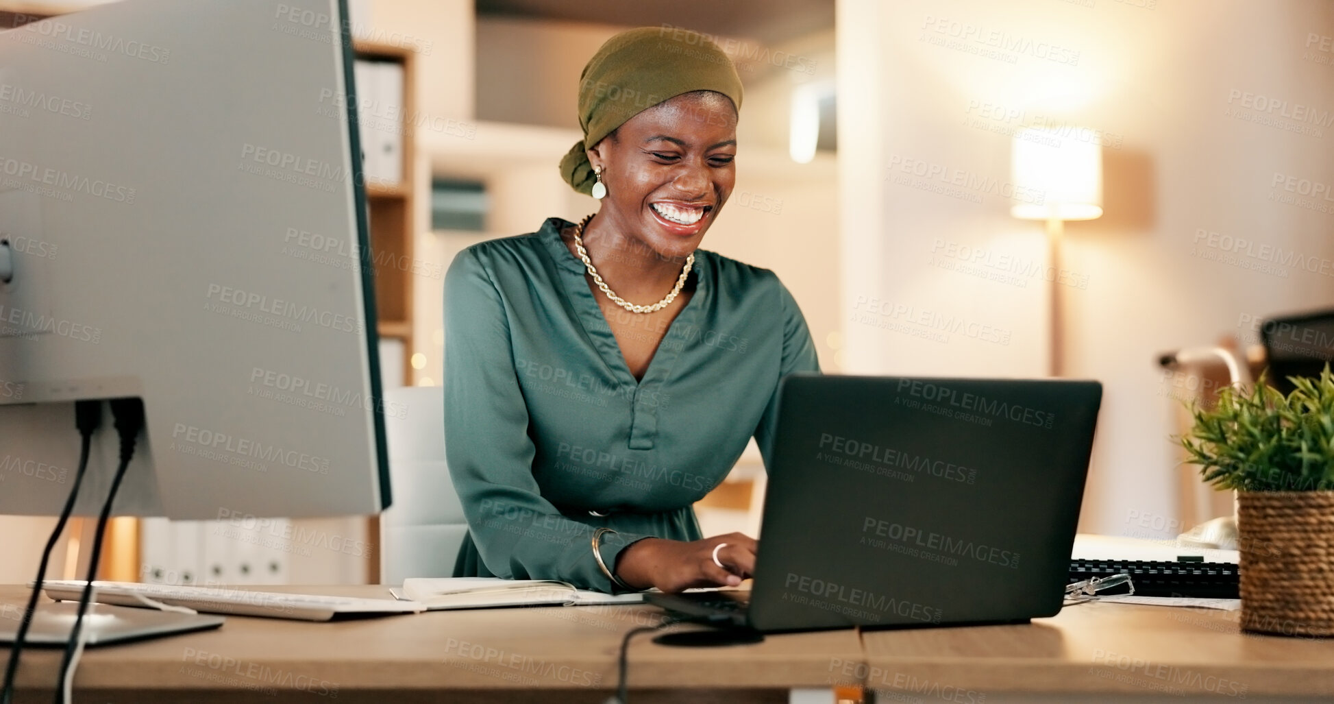 Buy stock photo Winning, yes and happy woman on laptop in night news, international success or Nigeria business celebration. African person or winner fist pump for stock market, trading or career bonus on computer