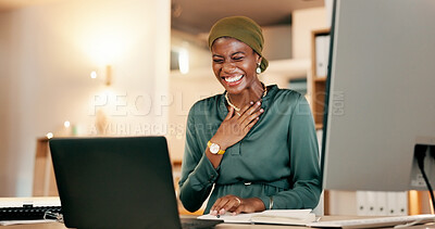 Buy stock photo Winning, yes and happy woman on laptop in night news, international success or Nigeria business celebration accomplishment. African person or winner for stock market, trading or career bonus on computer