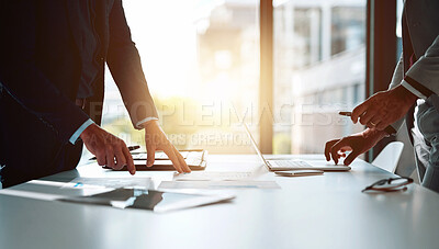 Buy stock photo Planning, strategy and hands of business people in office with paperwork, laptop and negotiation. Meeting, ideas and teamwork in conference room for growth, development and project management at desk