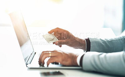 Buy stock photo Businessman, hands and credit card with laptop for online shopping, payment and banking investment. Fintech, professional trader and digital finance with typing, loan application and budget in office