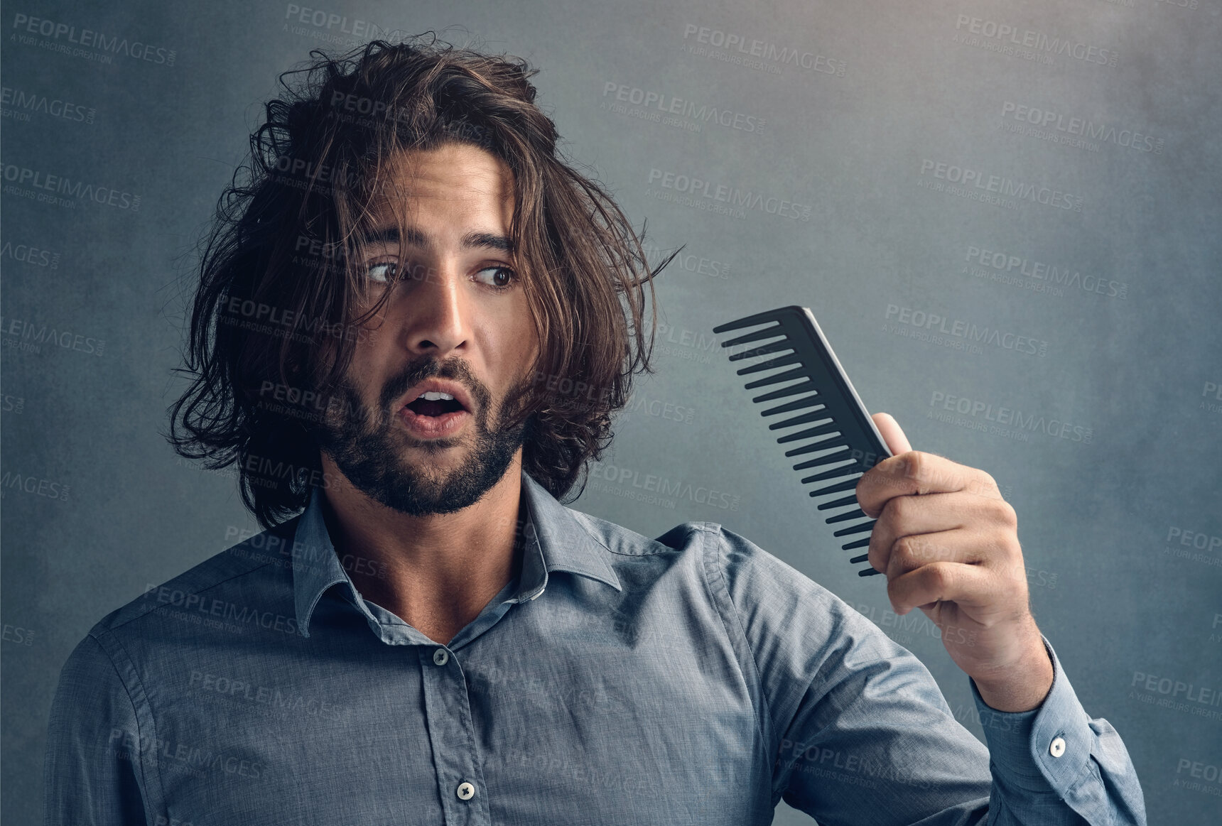 Buy stock photo Man, studio and stress with comb for hair loss with aging  isolated on grey background. Shock, surprise and anxiety with losing confidence or emotional crisis in workplace with grooming in morning.