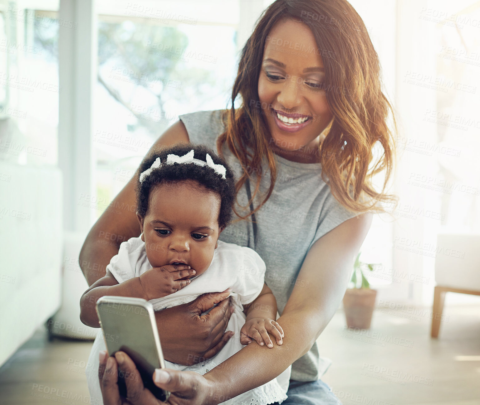 Buy stock photo Mother, baby and selfie in house for happiness, social media and bonding together with smile. Black woman, child and relax in home for internet post, love and profile picture with family memory