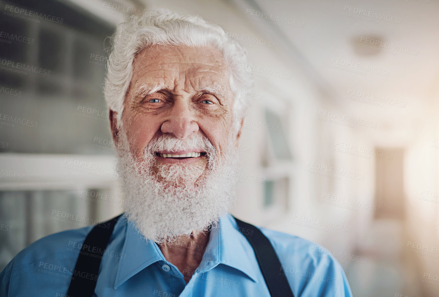 Buy stock photo Nursing home, smile and portrait of elderly man with pension, satisfaction and peace in retirement. Calm, senior person and face with happiness for wellness, confidence and weekend at hospice