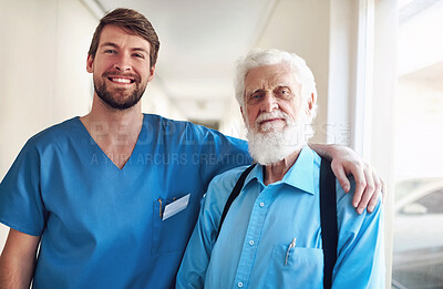 Buy stock photo Support, homecare and face of caregiver with senior man in a hallway with happy, hug or bonding. Healthcare, portrait and nurse embrace old patient with service, recovery or physical therapy progress