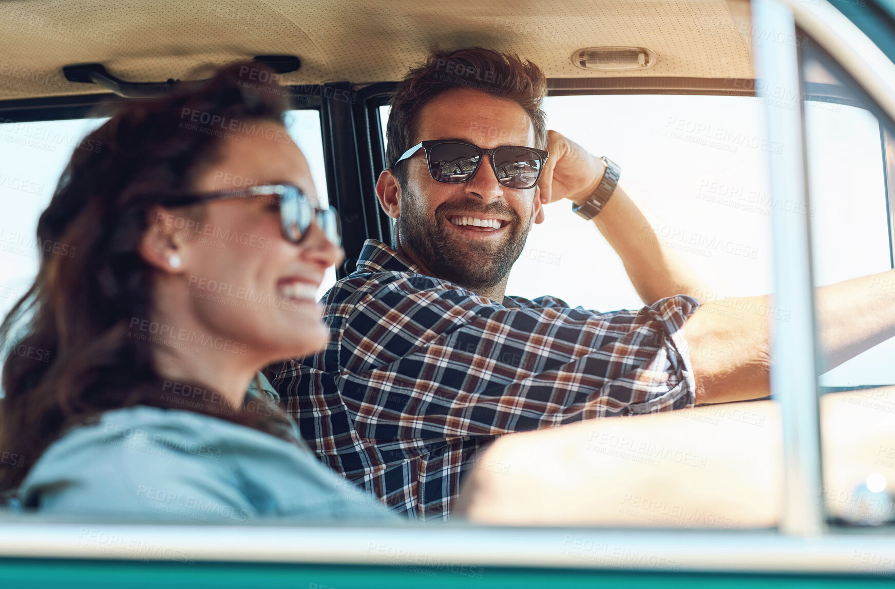 Buy stock photo Couple, road trip and car for vacation and window, summer and adventure for explore together. Smile, sunglasses and love in countryside in transport, vehicle and sunshine for man and female people 