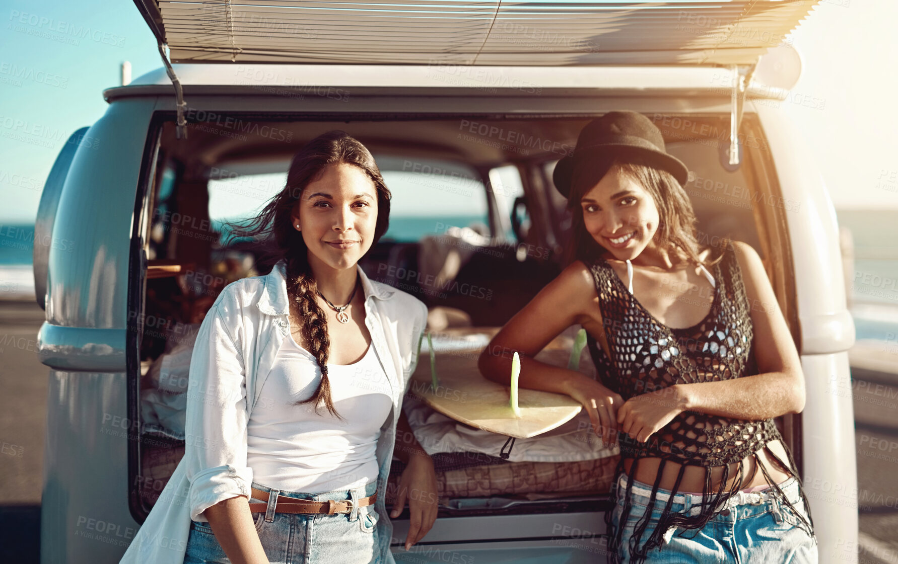 Buy stock photo Woman, van and happy vacation in summer, road trip and adventure for beach fun with surfboard on holiday. Smiling, travelling and cheerful journey, weekend break and friends relaxing with transport