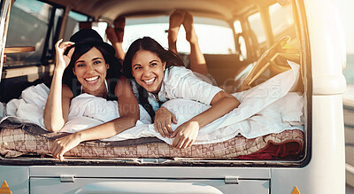 Buy stock photo Travel, relax and portrait of women in van for road trip, summer vacation and adventure at countryside. Happy, people and friends with blanket in vehicle for holiday, peace and journey in Argentina