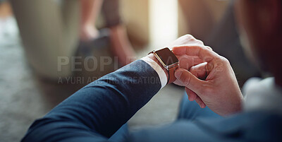 Buy stock photo Hands, business and man with watch, time management and employee in modern office. Clock closeup, professional in suit and consultant with deadline, appointment and schedule with website information