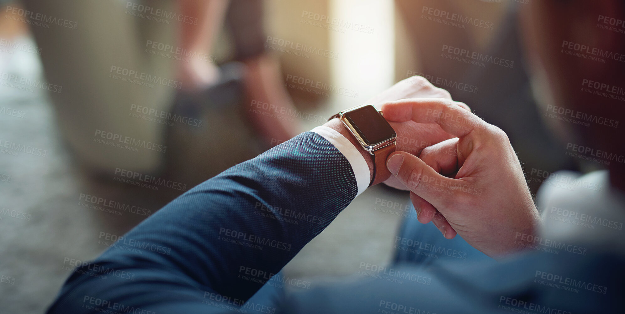 Buy stock photo Hands, business and man with watch, time management and employee in modern office. Clock closeup, professional in suit and consultant with deadline, appointment and schedule with website information