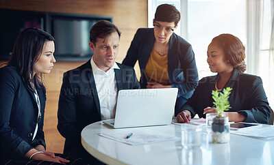 Buy stock photo Business people, laptop and teamwork for brainstorming, planning for project and cooperation in modern office. Executive team, board members and computer for webinar, virtual meeting and feedback