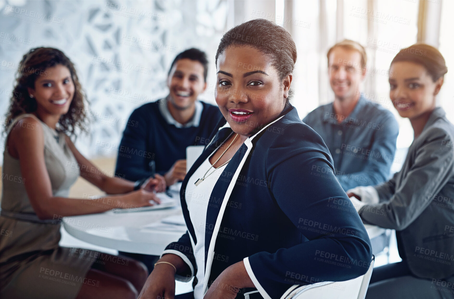 Buy stock photo Portrait, black woman and meeting with colleagues in boardroom, office and documents for employee. Collaboration, lawyer and paperwork or contracts for agreement, law firm for diversity team planning