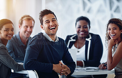 Buy stock photo Business people, meeting and laughing at joke in portrait for company growth and collaboration in office. Happy, corporate group and documents in conference room for team celebration of sales target