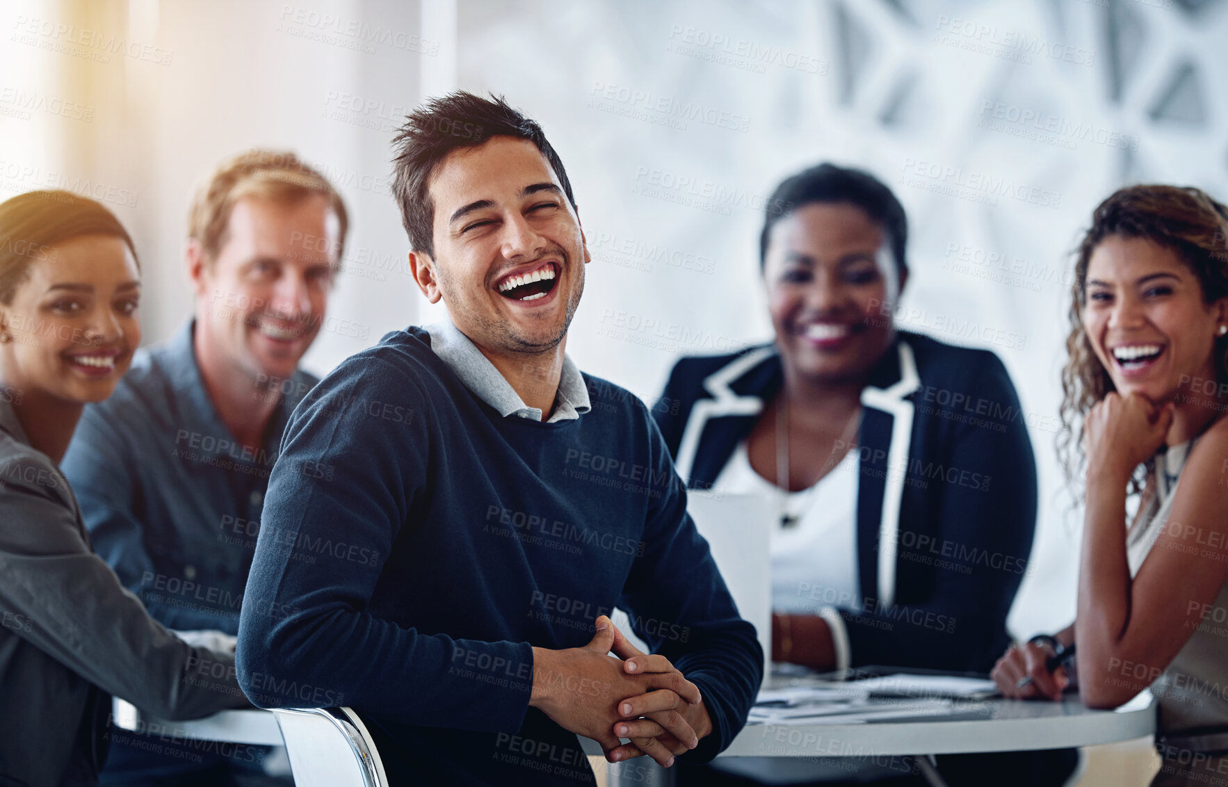 Buy stock photo Business people, meeting and laughing at joke in portrait for company growth and collaboration in office. Happy, corporate group and documents in conference room for team celebration of sales target