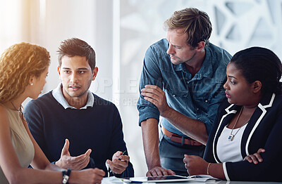 Buy stock photo Team, diversity and brainstorming in office with collaboration, partnership and agenda for project. People, idea and meeting in workplace with planning, strategy and cooperation for startup business