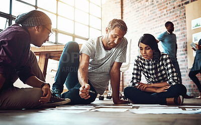 Buy stock photo People, team and planning on floor with notes for company with data analysis, research and statistics. Campaign, election and voting day with tally, poll and communication in office in America.