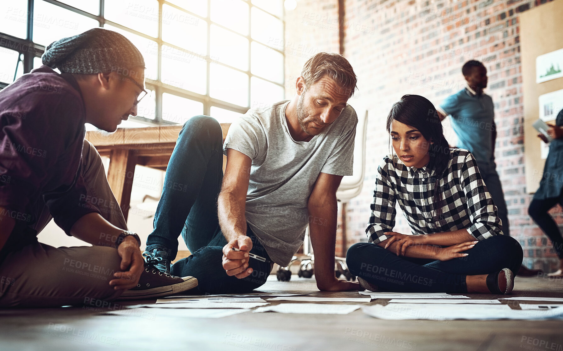 Buy stock photo People, team and planning on floor with notes for company with data analysis, research and statistics. Campaign, election and voting day with tally, poll and communication in office in America.